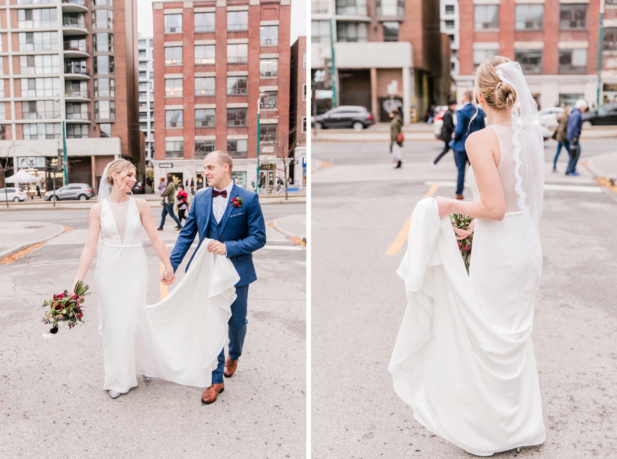 bride and groom walk city streets